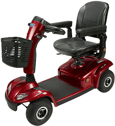 Medium-sized mobility scooter Leo, with cushioned seat, basket, and mirrors, available for rent in