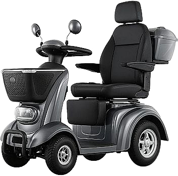 Superior electric mobility scooter built for long journeys, with basket, mirrors and lights, available for rent in Tenerife