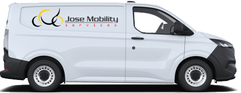 White delivery van with the Jose Mobility Services logo, used for delivering and collecting mobility scooters and equipment in the south of Tenerife.